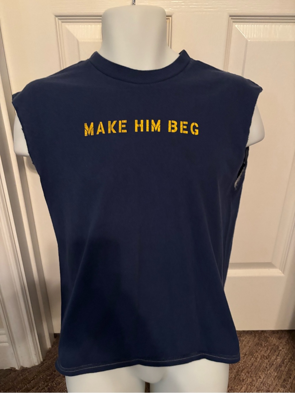 Delta Navy Sleeveless Tee with Yellow 'MAKE HIM BEG' Graphic